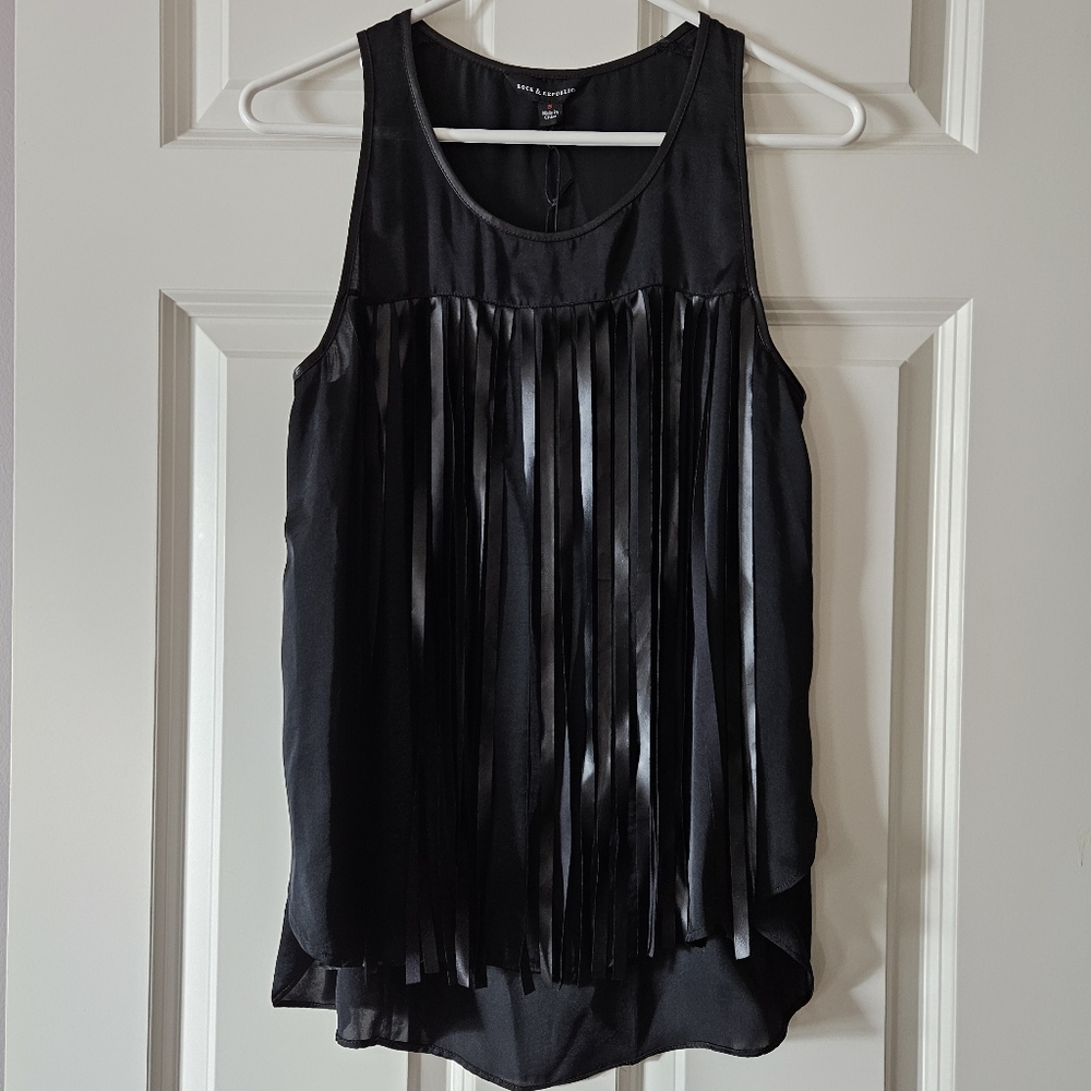 Rock & Republic Black Tank Top w/ Faux Leather Fringe Sz S